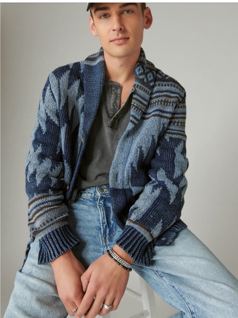 Lucky Brand Men's Southwestern Aztec Shawl Blue Patterned Knit Cardigan Sweater